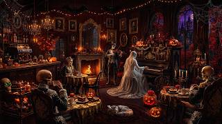 🎃☕ Best Scary Halloween Jazz In Cozy Coffee Shop Ambience | Rainy Autumn Night & Crackling Fireplace