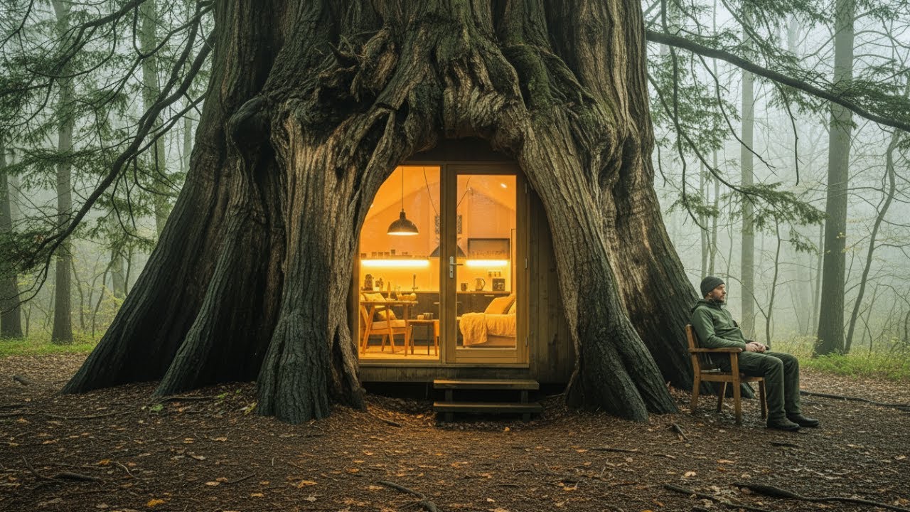 This Man Built a House Inside a Tree Trunk — Step-by-Step Forest Construction (ASMR)