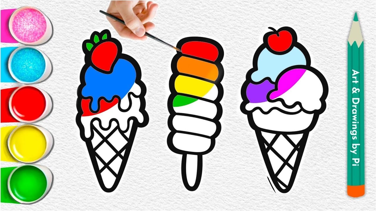 Ice Cream Coloring for Kids   Learn Colors with Ice Cream Cones   Easy Coloring Pages