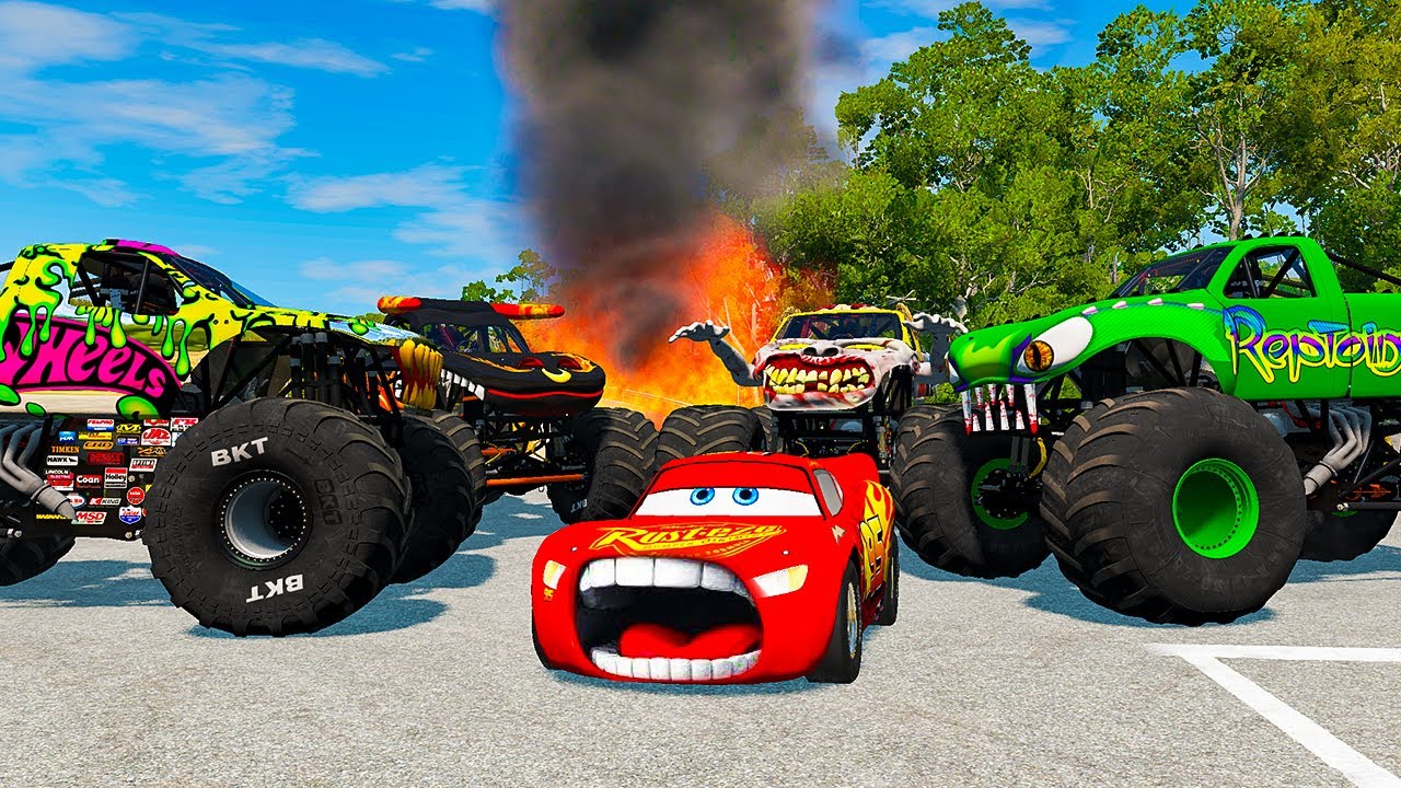 4 MONSTER TRUCKS VS Lightning McQueen vs KING DINICO LAST MOMENT #089 ...