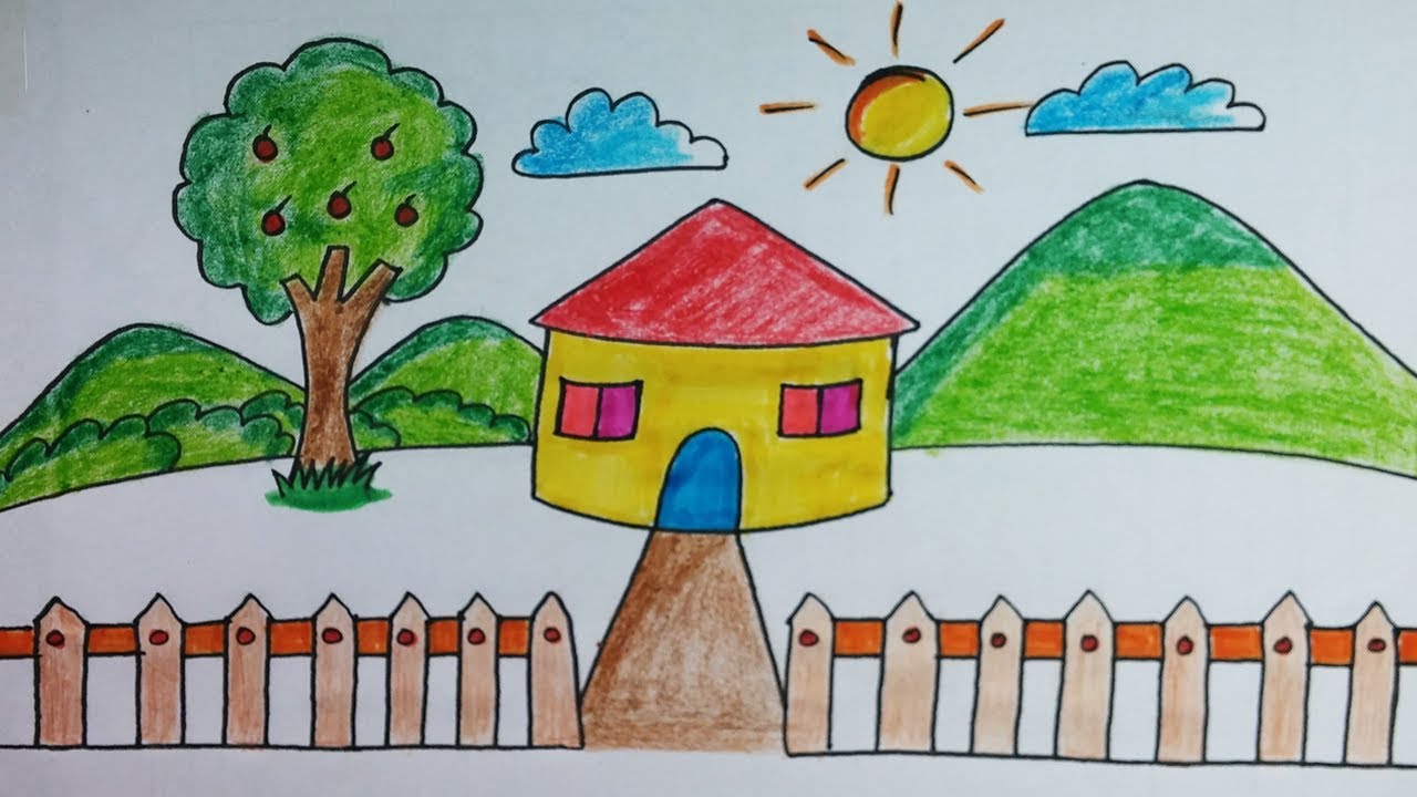 House Easy Drawing For Kids Class| Simple House With Nature Drawing And  Coloring - Youtube