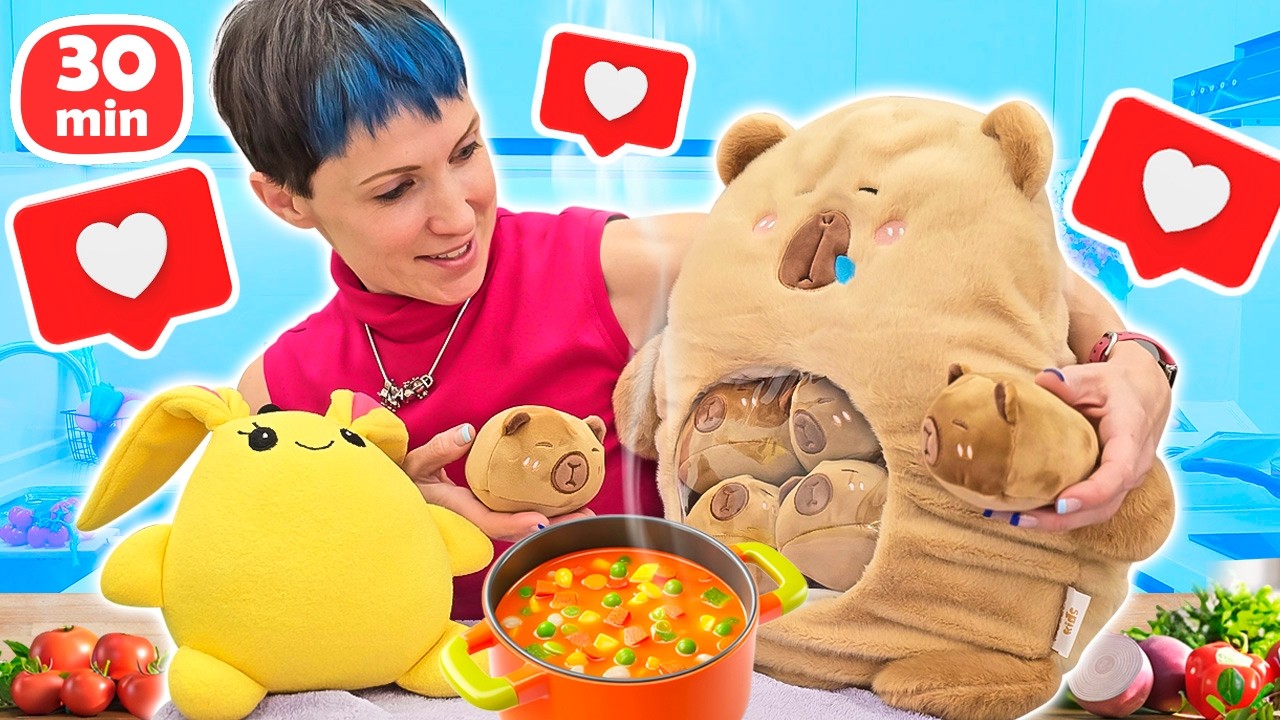 Забавные игры с плюшевыми игрушками: капибары, единороги и многое другое.