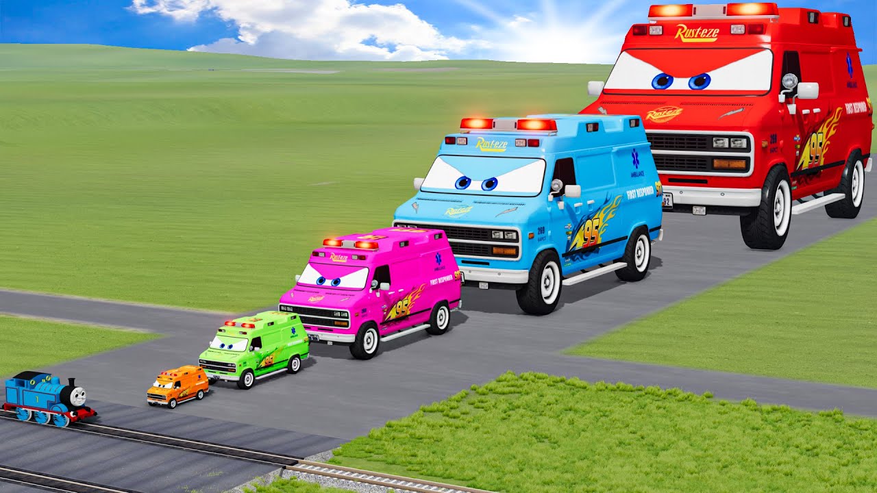 Big & Small Colors Ambulance Lightning Mcqueen vs Train Thomas | BeamNG.Drive