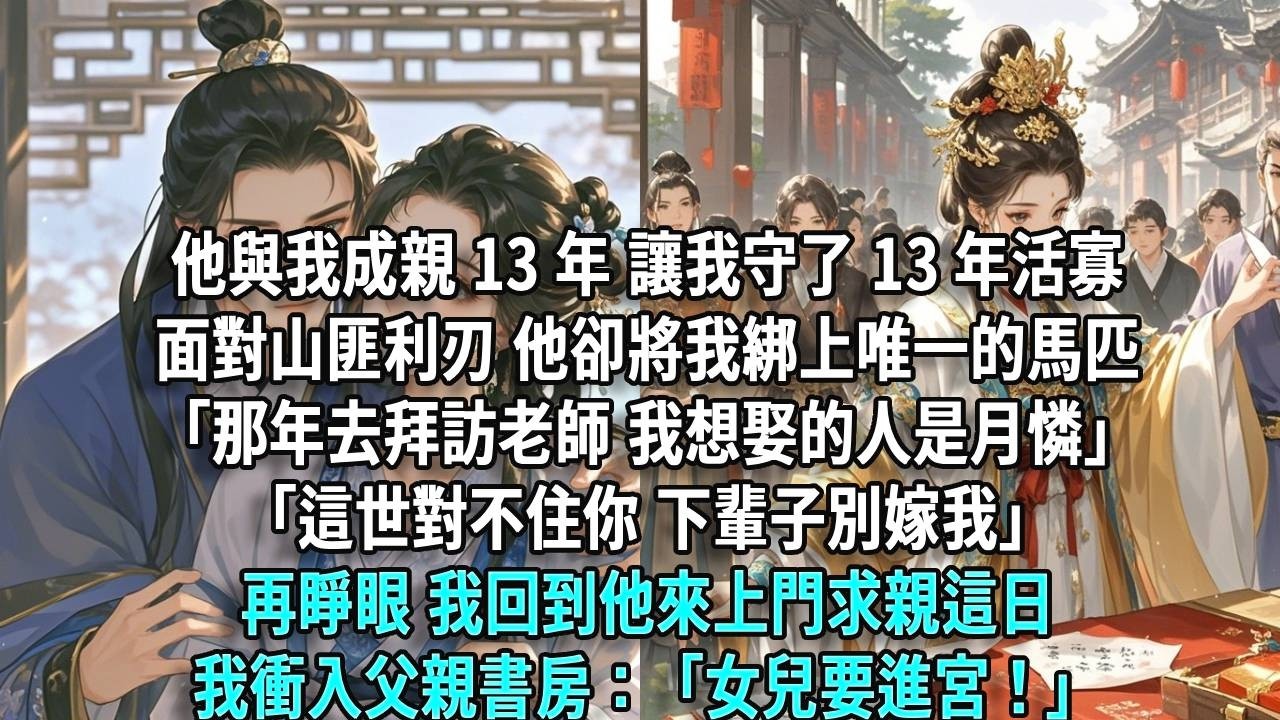 他與我成親 13 年，讓我守了 13 年活寡。面對山匪利刃，他卻將我綁上唯一的馬匹。「那年去拜訪老師，我想娶的人是月憐。」「這世對不住你，下輩子別嫁我。」再睜眼，我回到他來上門求親這日，我衝入父親書房