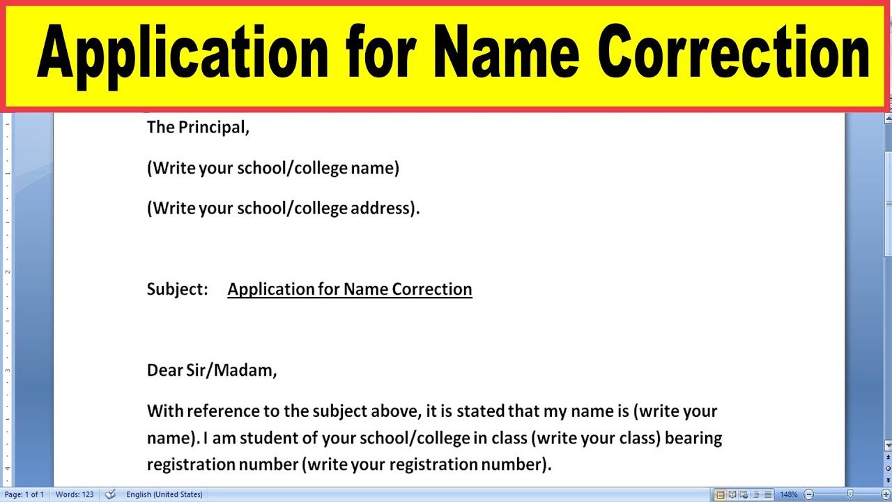 how to write application letter for name correction
