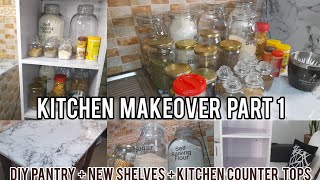 KITCHEN MAKEOVER PART1::DIY PANTRY+NEW SHELVES+KITCHEN COUNTER TOPS
