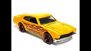 Custom Hot Wheels   1971 Ford Maverick Grabber   Golden Yellow with Flames   Black and Red 4 Spokes