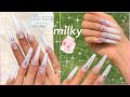 Milky White Acrylic Ombré Bling Perfect Full Set in 30 min?! DIY XXL Coffin Nails Tutorial