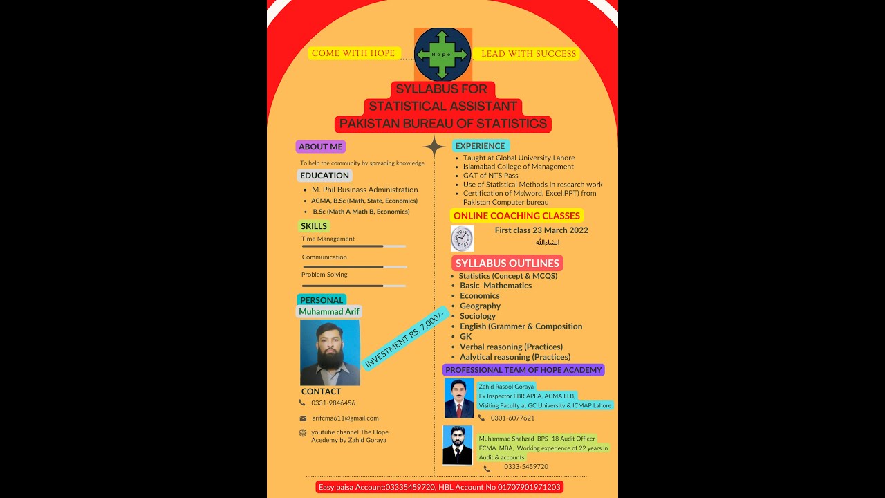 Online classes for Statistical Assistant Bs-15 Pakistan Bureau of statistics