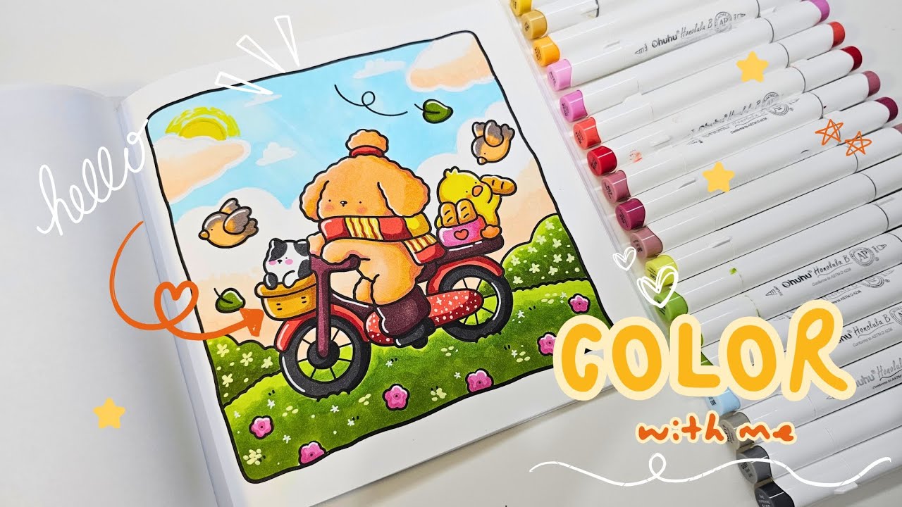 Раскрась со мной | Уютные дни от Коко Вайо - Велосипед | Спиртовой маркер Ohuhu + Акриловый марке...