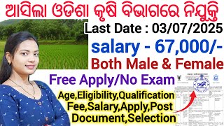 ଓଡିଶାରେ ଆସିଲା କୃଷି ବିଭାଗ ତରଫରୁ ନିଯୁକ୍ତି - 2025 ll Free Apply, No Exam ll Latest Odisha Job vacancy