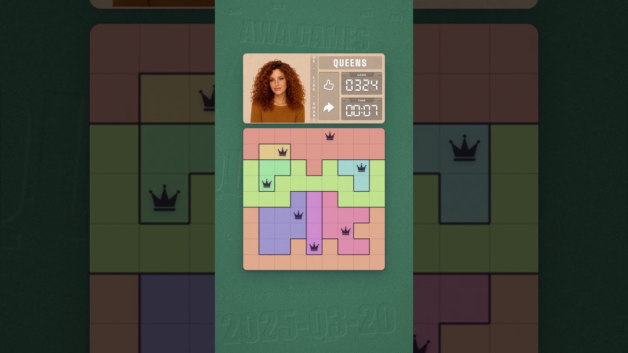 LinkedIn Queens #324 solved board for March 20, 2025, 9x9 grid