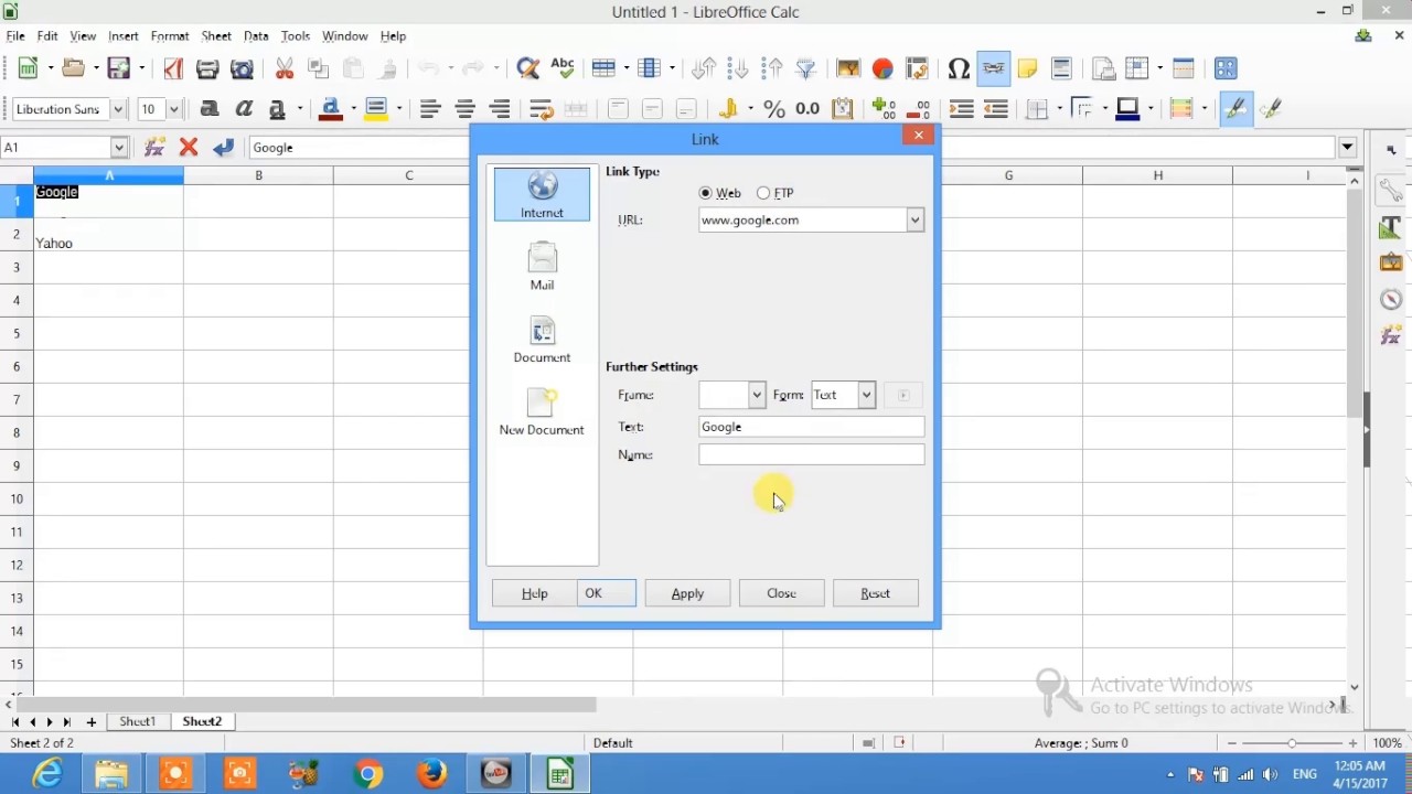 libre office add hyperlinks YouTube