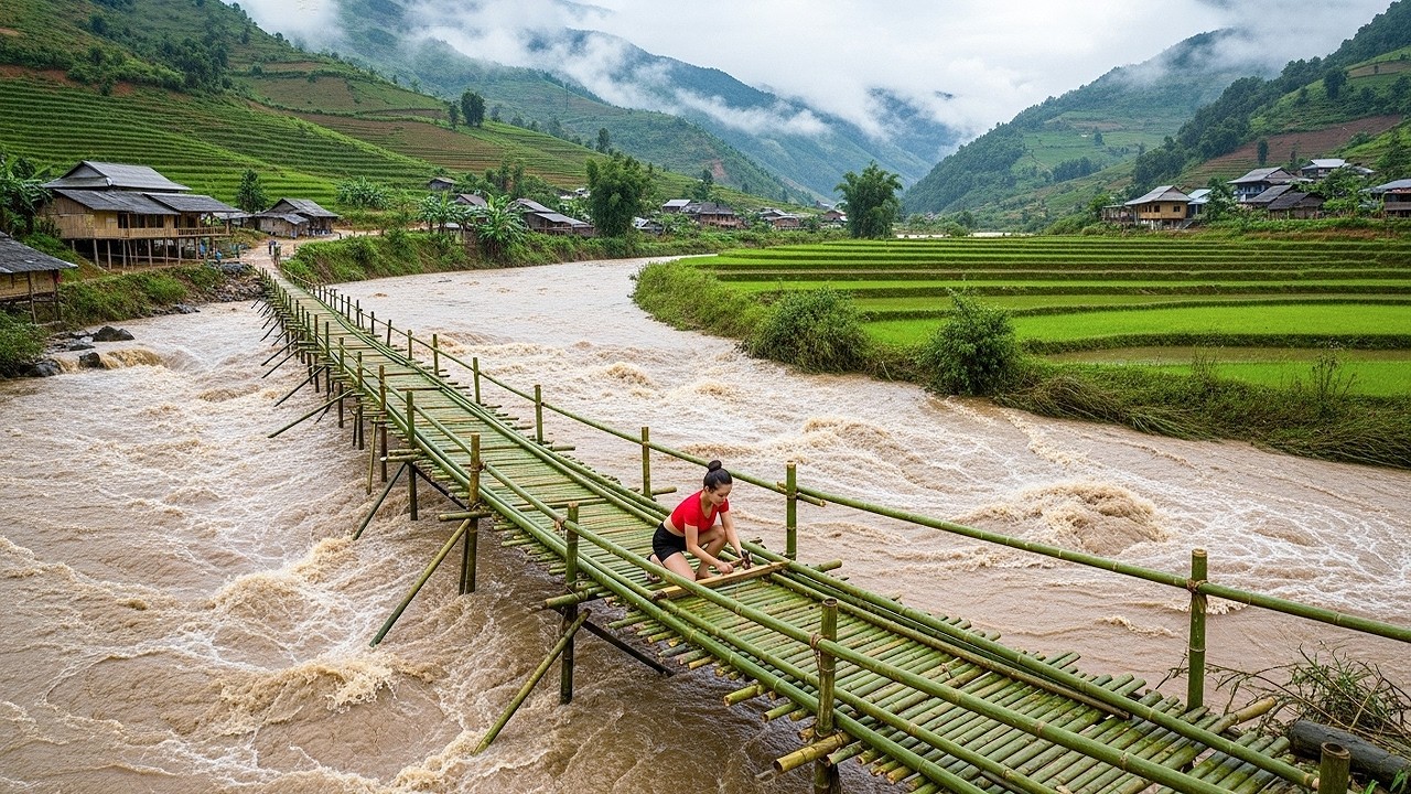 7 Days OFF GRID – Young Girl Builds a Strong Bamboo Bridge After the Flood | From Start to Finish