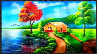 How To Make Village Landscape Painting || Acrylic Landscape Painting With River