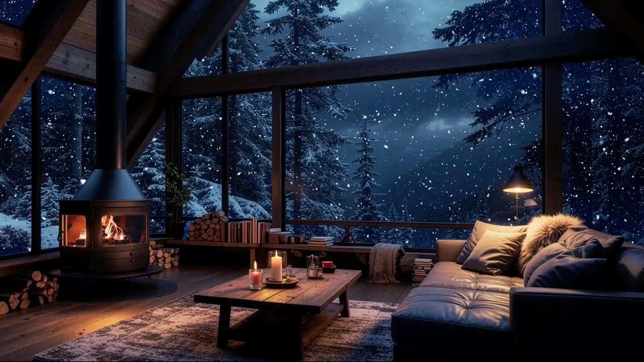 Tranquil Winter Cabin Living Room Scene ❄️ Soft Piano Music, Fireplace & Snowy Forest View