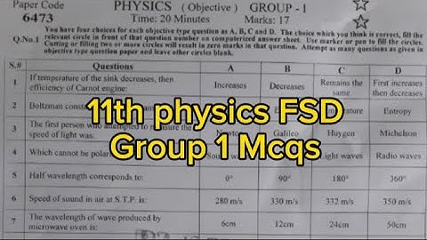 Mcqs 11th physics FSD board group 1 paper 2024 1st year physics paper 2024