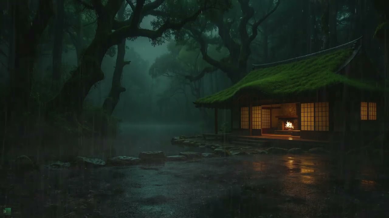 Serene Rainy Night At A Moss Covered Japanese Style Forest Cabin Beside A Quiet Misty Lake