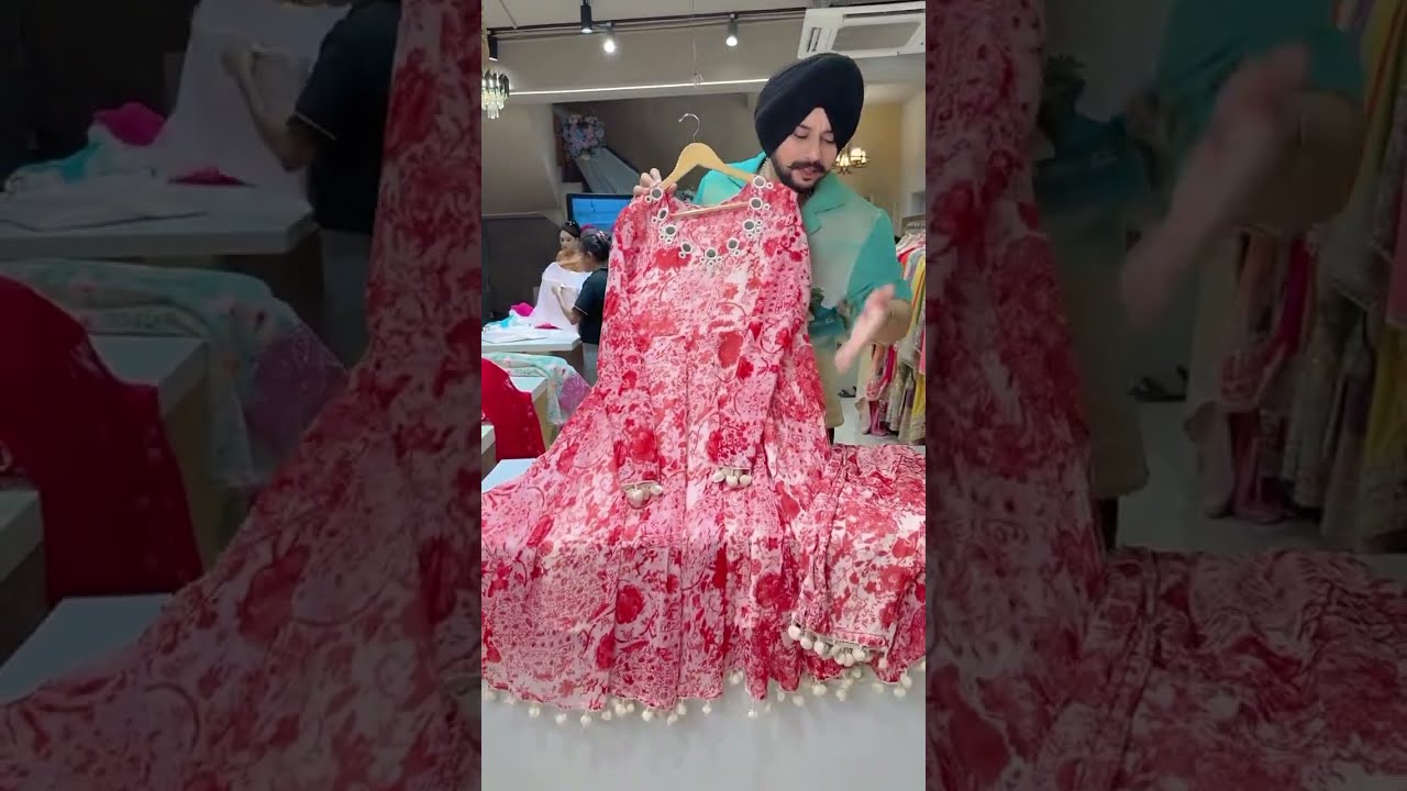 Red Off White Chiffon Full Flair Floral Print Pom Anarkali Suit With Beautiful Mirror Work On