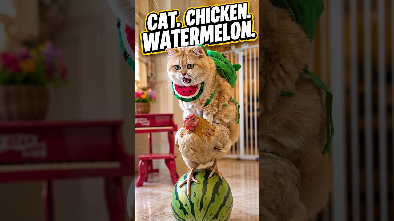 A Cat, a Chicken, and a Watermelon… What! #exlittlebeans #funnyvideo #funnycats