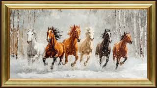 Powerful Horses Galloping in a Snowy Forest | Christmas Framed TV Art Screensaver
