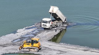 Incredible Many Truck SHACMAN Unloading SAND ROCK Filling LAKE & Dozer Wheel Loader Rolling