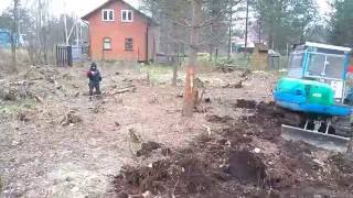 ч.1 (до) Участок под раскорчевку выкорчевку пней.. + планировка работа для мини экскаватора