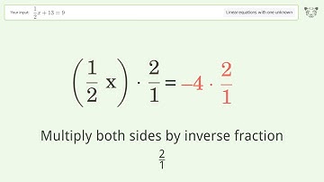 Linear equation with one unknown: Solve 1/2x+13=9 step-by-step solution