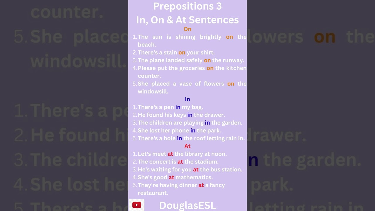 Prepositions 3 Prepositions in English Grammar ESL In On At Sentences 