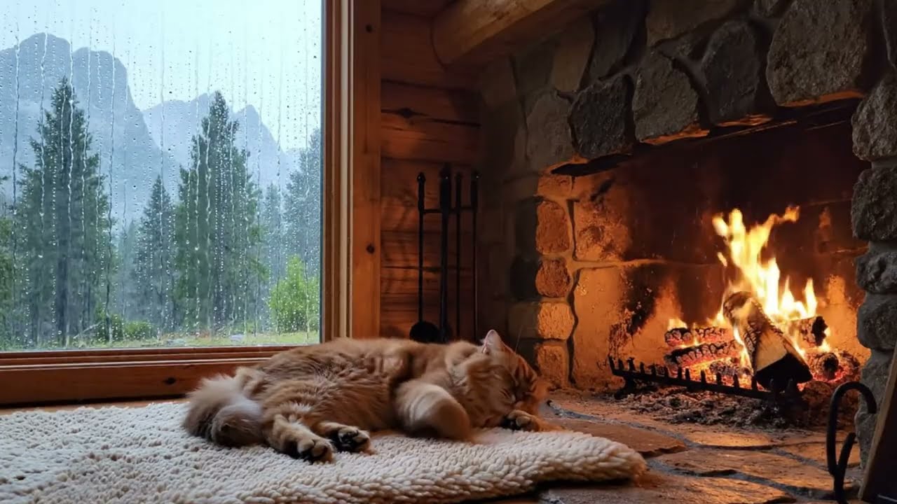 🌧️ Relax Fully and Drift to Sleep | Rain Outside, Warm Fire & Sleeping Cat.