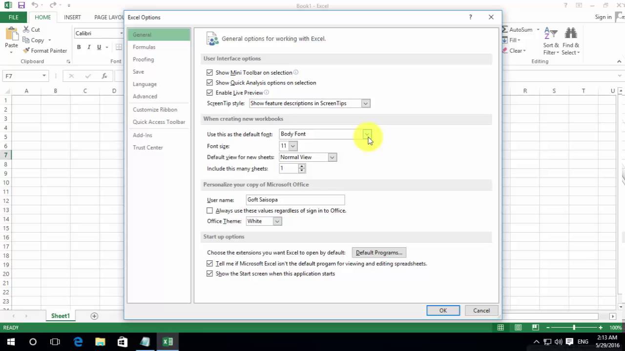 ตั้งค่าฟอนต์เริ่มต้น MS Excel แบบกำหนด font เอง [excel 2016/13/10]