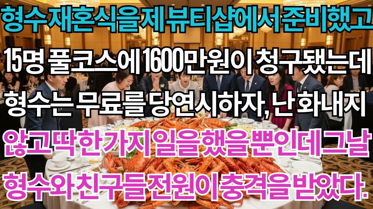 형수 재혼식, 제 뷰티샵에서 준비했다. 15명 풀코스에 1600만원이 청구되었죠. 형수는 무료를 당연시했지만 전 싸우지 않고 딱 한가지 일을 했어요. 그날 형수와 친구들...