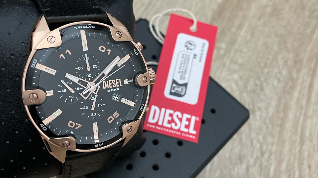 Diesel Spiked Chronograph Black Leather Men's Watch DZ4607 (Unboxing)  @UnboxWatches - YouTube
