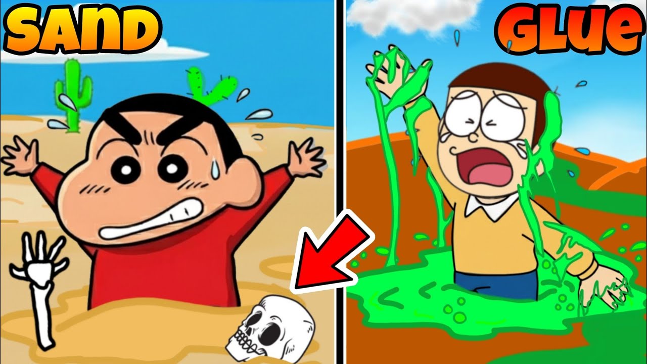 Shinchan And Nobita Play QuickSand Or Glue Land Challenge 😱😱 | Shinchan And Nobita Game | Funny Game
