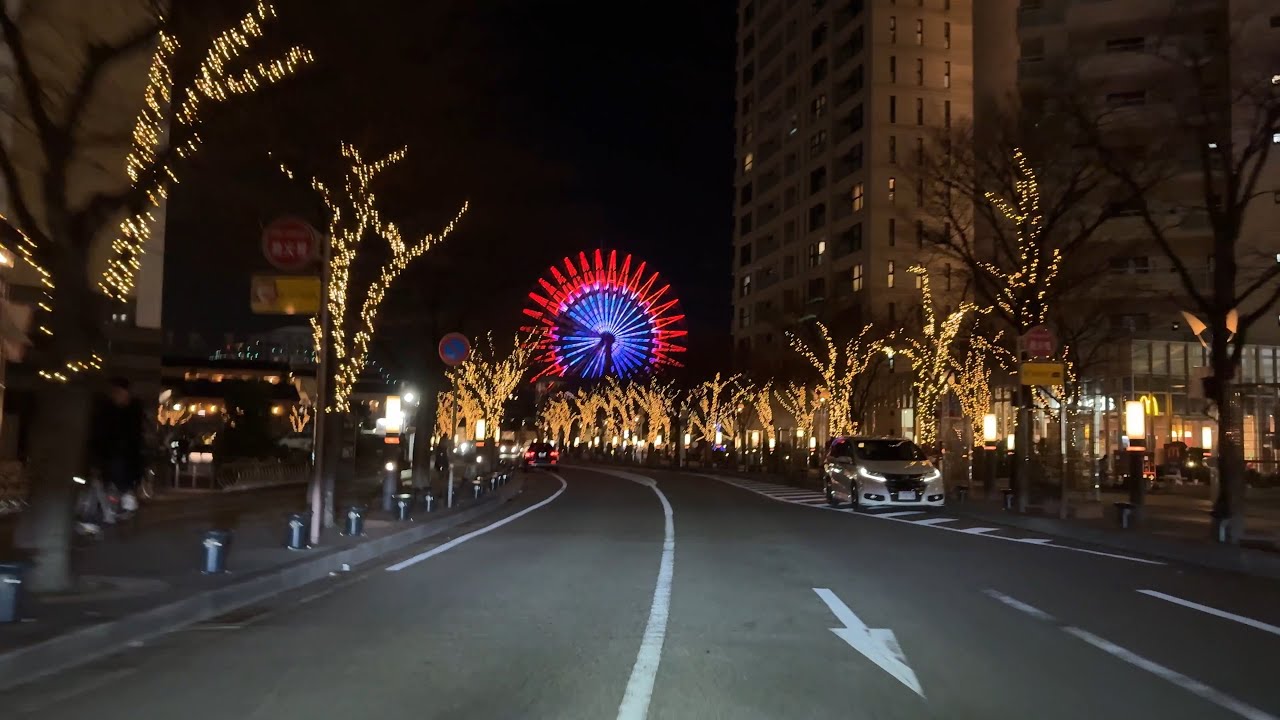 Kobe Night Drive, Japan | Sannomiya to Harborland | City Lights & Ferris Wheel | 4K | Relax / Sleep