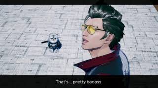 Jeane the cat . Travis Touchdown . Nintendo Switch . No More Heroes III