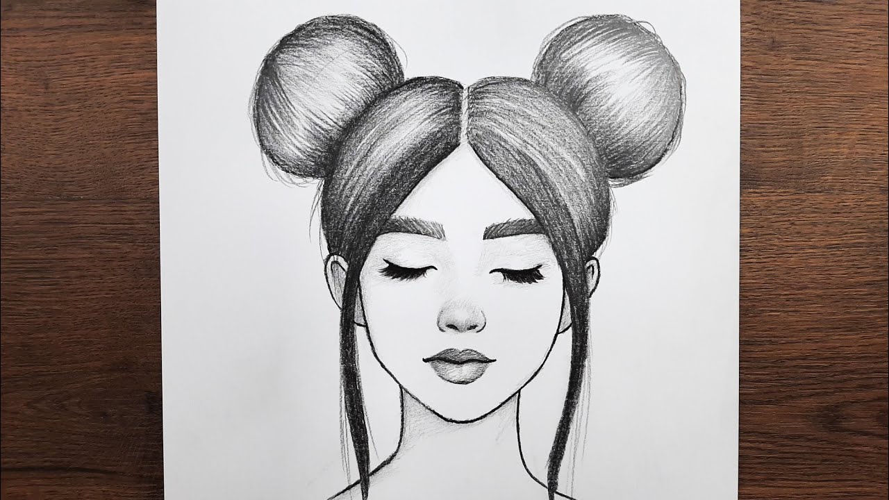 Kolay karakalem kız resmi çizimi - Adım adım kız yüzü resmi nasıl çizilir -  topuz saçlı kız çizimi