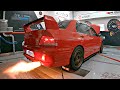 540hp lancer evo vii fq300 23l stroker shooting fire on the dyno   feat turbo antilag bangs