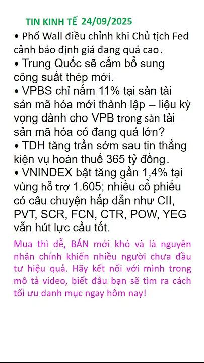 Tin nóng chứng khoán 24/09/2025: VNINDEX bứt phá, TDH tăng trần – VPB có kỳ vọng quá lớn?