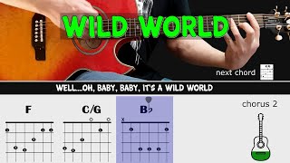 WILD WORLD - Mr. Big - Guitar lesson - Acoustic guitar with chords \u0026 lyrics