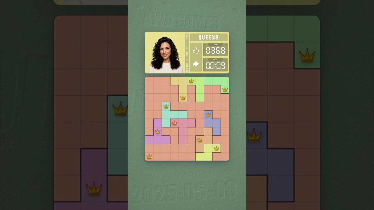 LinkedIn Queens #368 solved board for May 3, 2025, 10x10 grid