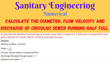 Calculate the velocity of flow and discharge flowing through circular sewer running half full