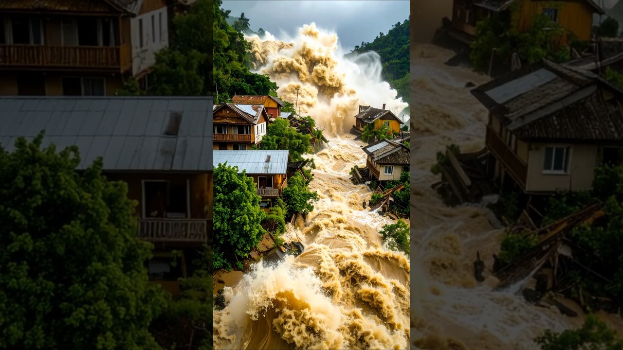Huge wave of water coming down from the hills 