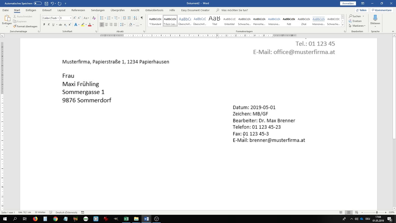 Update Geschäftsbrieferstellung in Word 2019