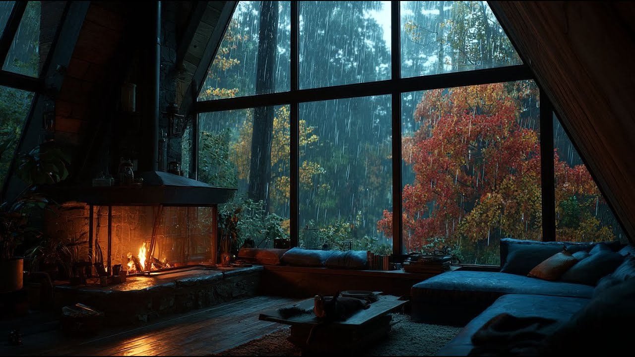 Cozy Cabin in the Rain | Crackling Fireplace & Gentle Rain Sounds for ...