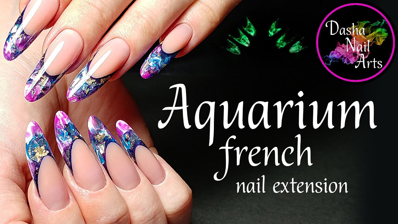 Modern Almond Gel Nail Extension Tutorial Layout Aquarium French Diy Glow In The Dark Nails Youtube