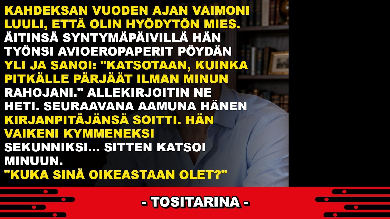 Eräänä iltana anoppini syntymäpäiväillallisella vaimoni ojensi minulle avioeropaperit kesken kaiken, koko suvun katsoessa, ja sanoi kovaan ääneen: "Katsotaan, kuinka pitkälle pääset ilman minun...