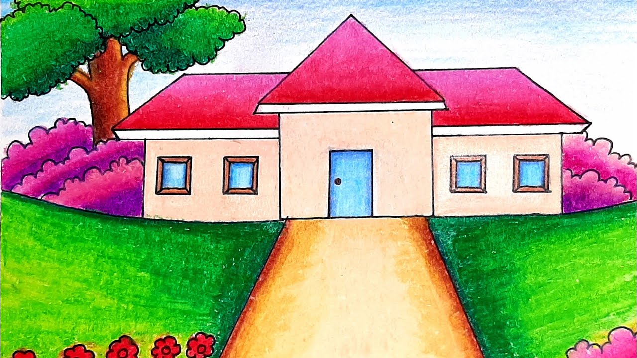 How to draw a house | Village house drawing-house drawing easy step by ...