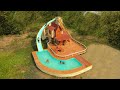 How to build 2story bamboo resort swimming pool and modern flyover water slide on water