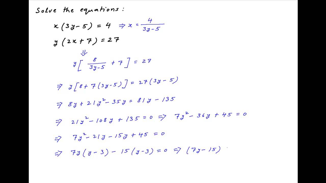 Solve The Equations X 3y 5 4 And Y 2x 7 27 Youtube